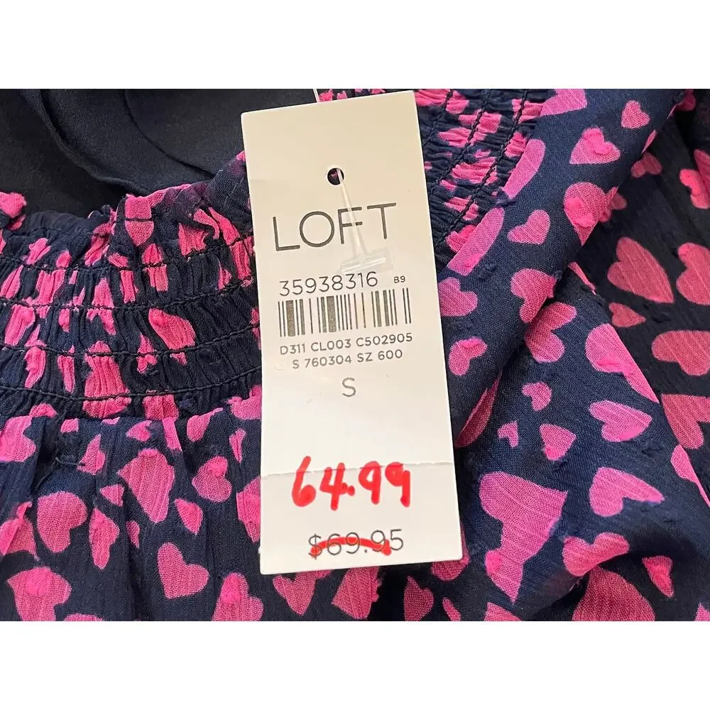 New LOFT Navy Blouse, Pink Hearts, Puff Sleeve, Sheer Sleeve, Size S